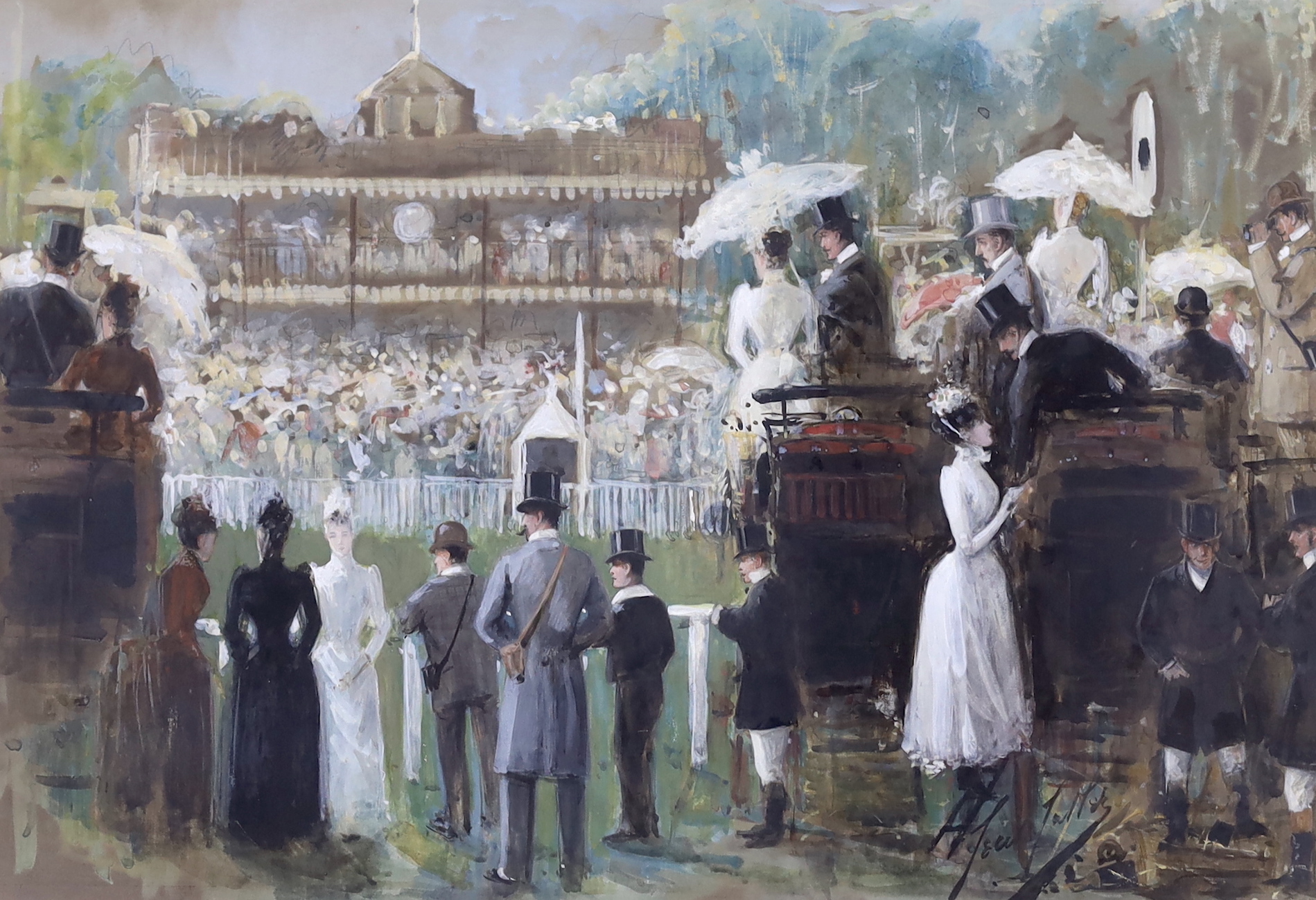 Cecil E.L. Cutler (1886-1934), watercolour and gouache, 'Race meeting, Sandown Park', signed, 35 x 52cm